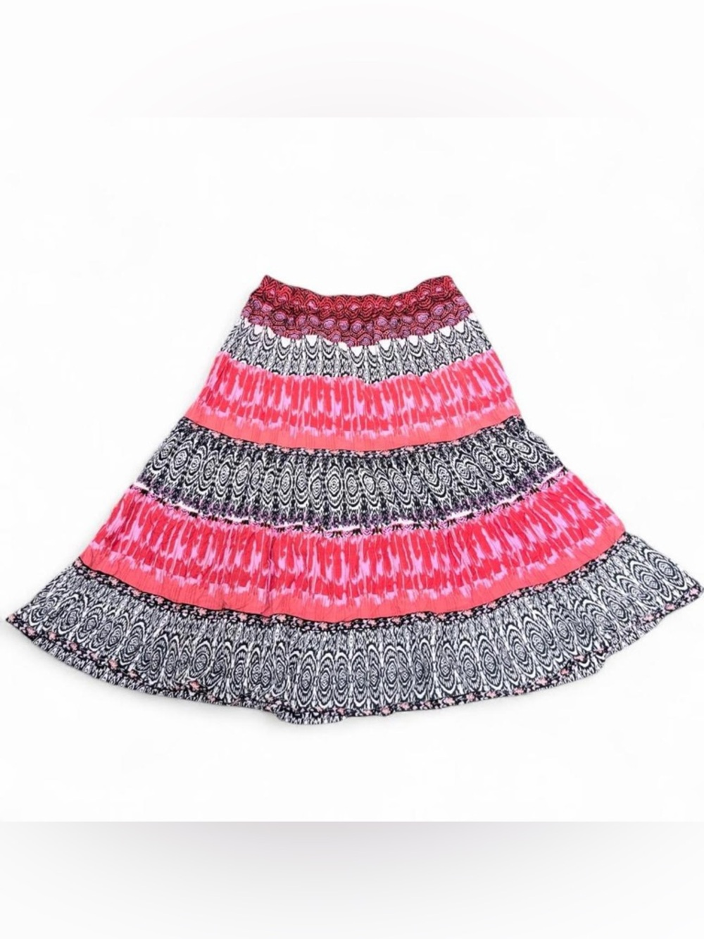 Women's Pink Patterned Boho Pink White Black Tiered Skirt. 100% cotton. Size L